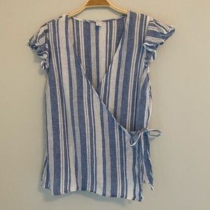 Old Navy Blue & White Striped Wrap Blouse • Large